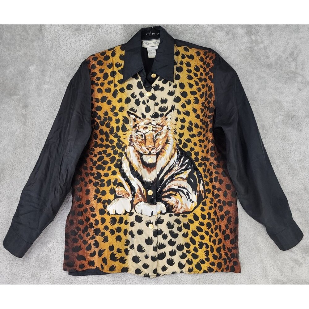 Diane Gilman Shirt Womens Small Multicolo Silk Tiger Print Button Vintage Blouse